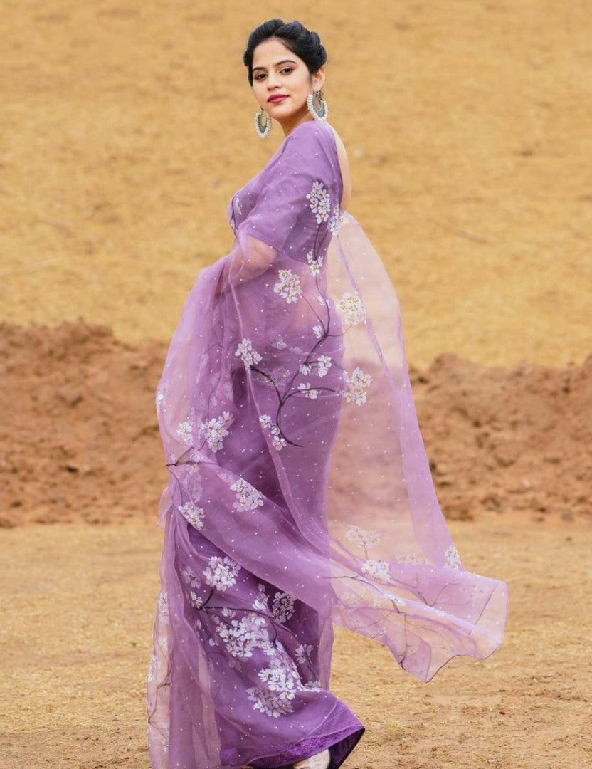 Purple organza digital printed saree