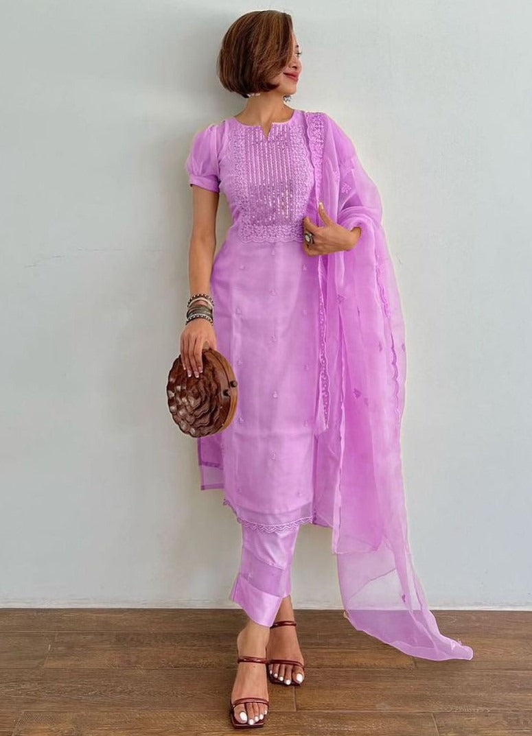 Purple organza thread and sequence embroidered salwar suit
