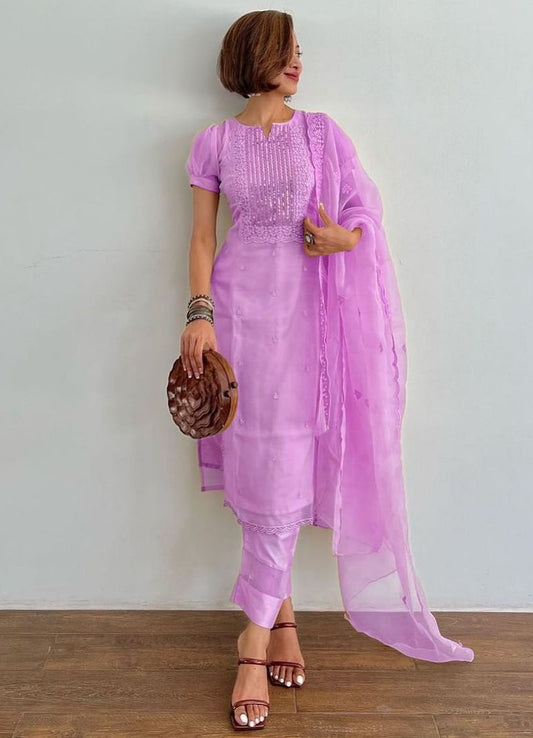 Purple organza thread and sequence embroidered salwar suit