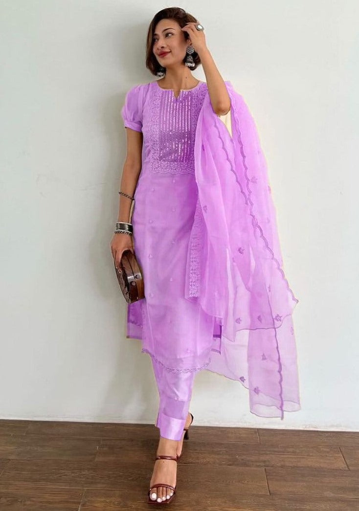 Purple organza thread and sequence embroidered salwar suit