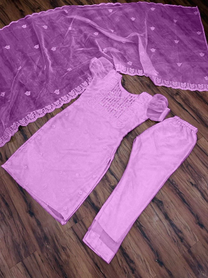 Purple organza thread and sequence embroidered salwar suit