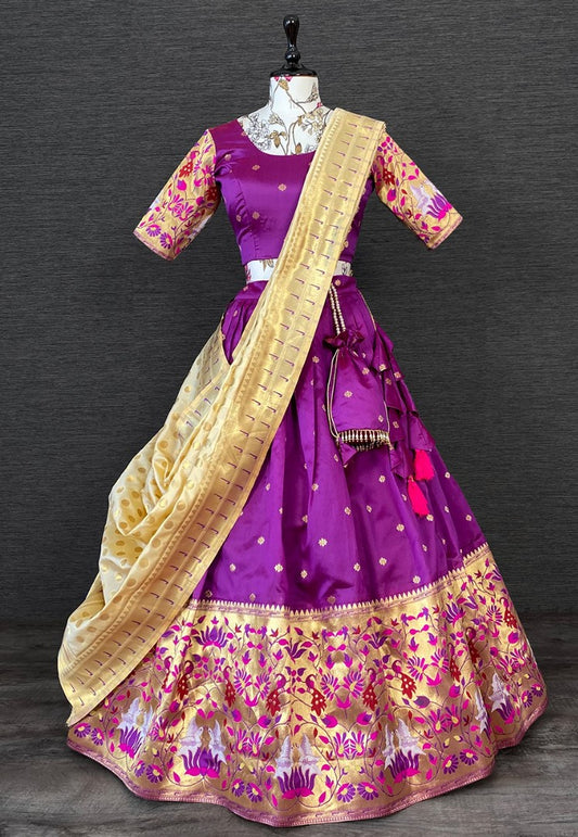 Purple paithani jacquard weaving work wedding lehenga choli with purse