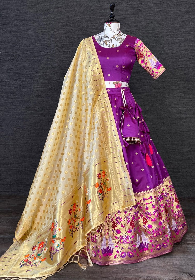 Purple paithani jacquard weaving work wedding lehenga choli with purse
