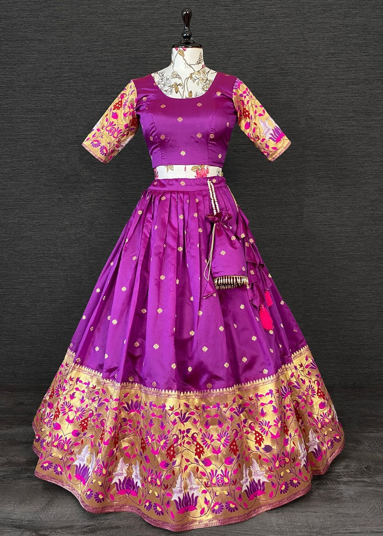 Purple paithani jacquard weaving work wedding lehenga choli with purse
