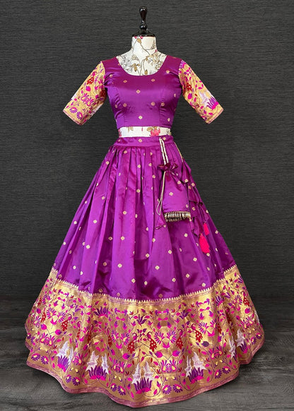 Purple paithani jacquard weaving work wedding lehenga choli with purse
