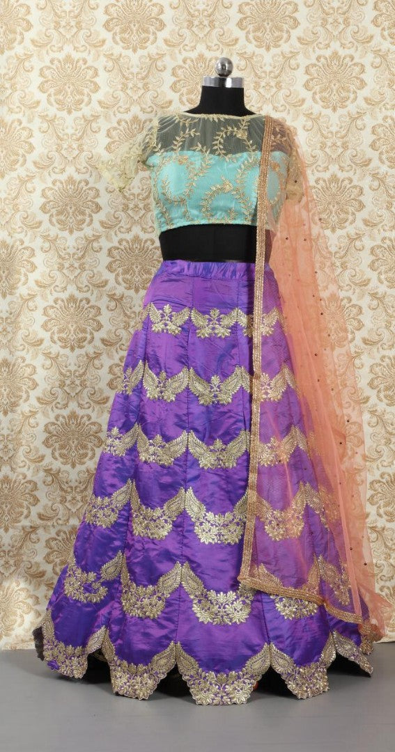 Purple paper silk heavy embroidered wedding lehenga