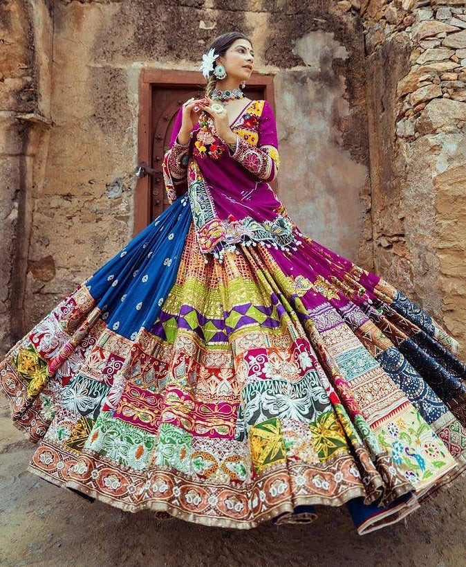 Purple print mirror work gujarati garba navratri lehenga chaniya choli