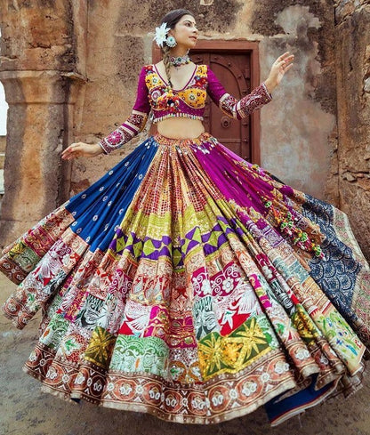 Purple print mirror work gujarati garba navratri lehenga chaniya choli