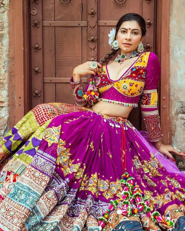 Purple print mirror work gujarati garba navratri lehenga chaniya choli