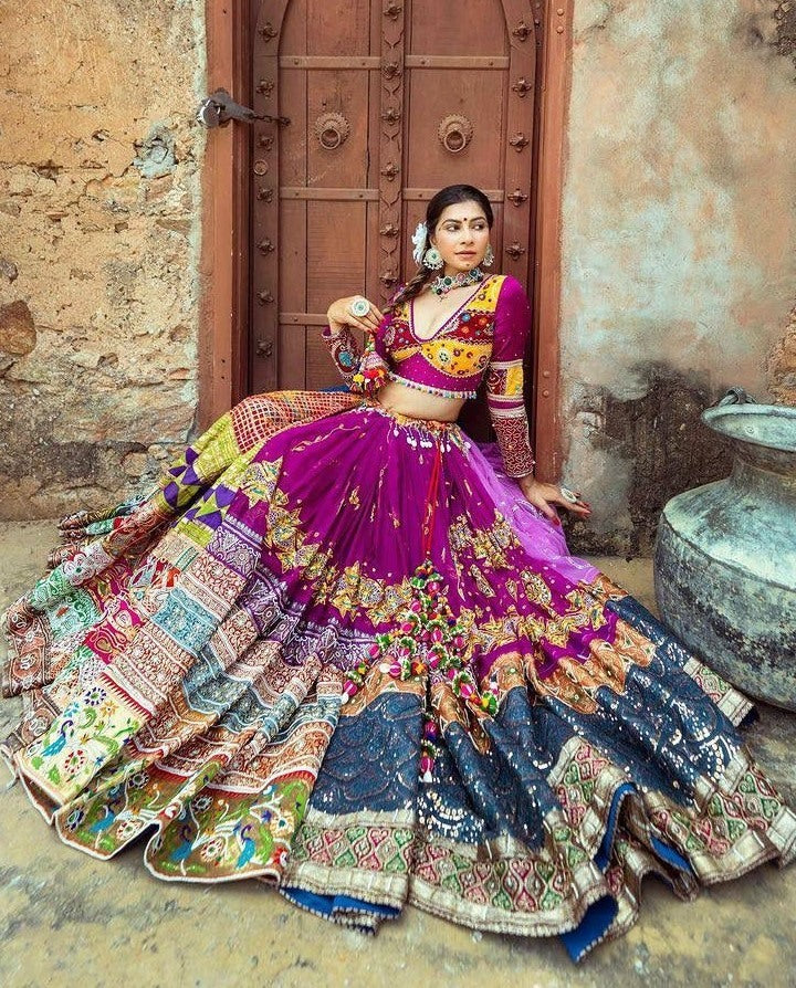 Purple print mirror work gujarati garba navratri lehenga chaniya choli
