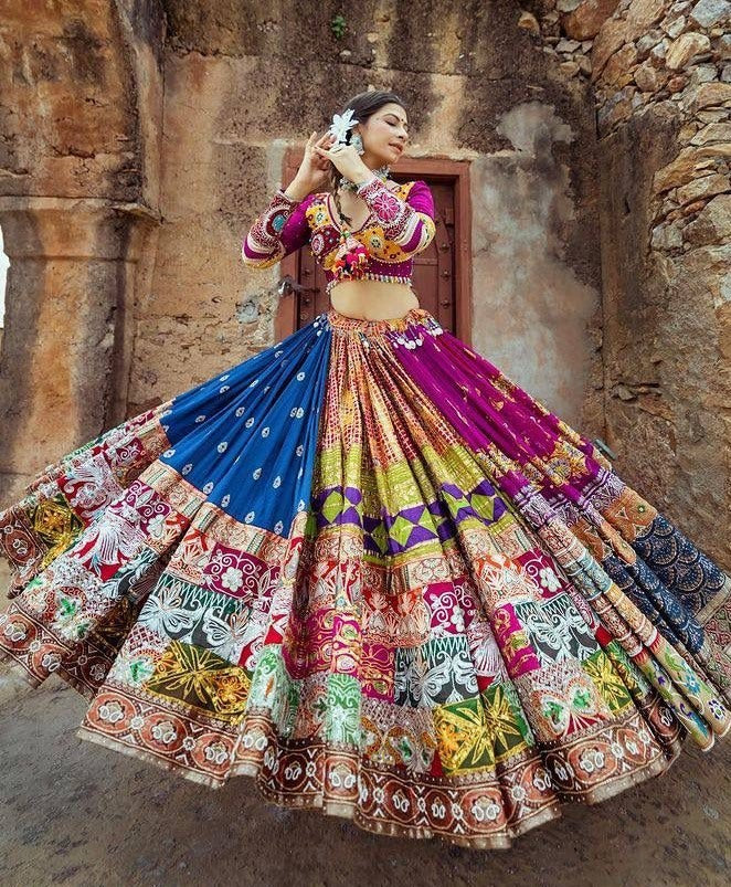 Purple print mirror work gujarati garba navratri lehenga chaniya choli