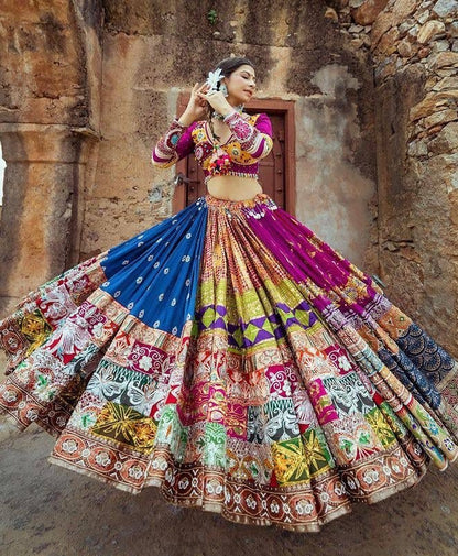 Purple print mirror work gujarati garba navratri lehenga chaniya choli