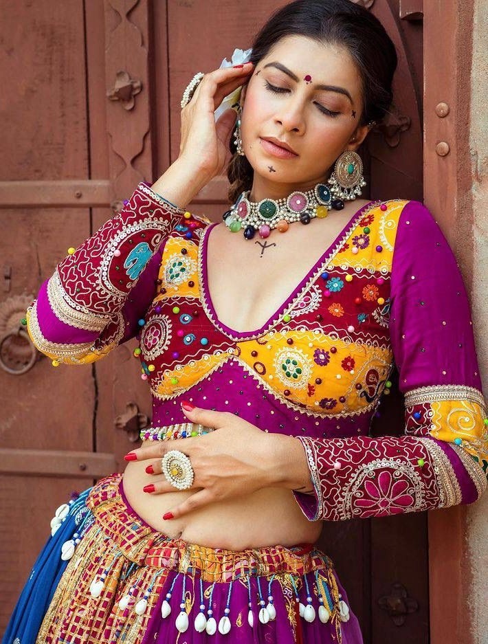 Purple print mirror work gujarati garba navratri lehenga chaniya choli