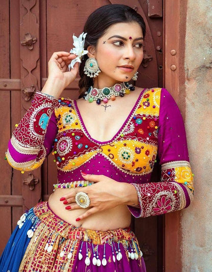 Purple print mirror work gujarati garba navratri lehenga chaniya choli