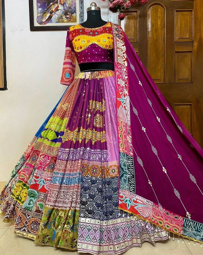 Purple print mirror work gujarati garba navratri lehenga chaniya choli