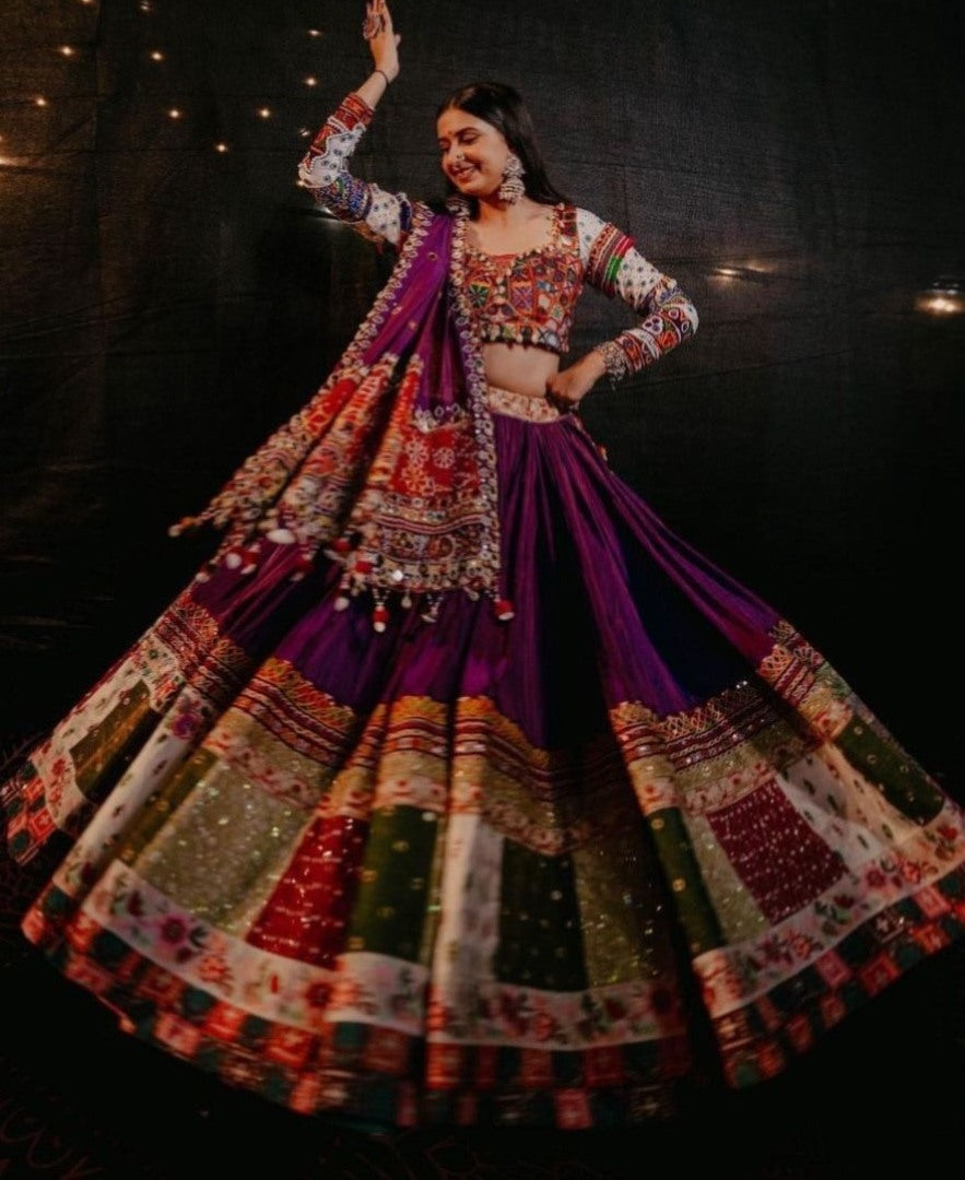 Purple print real mirror work gujarati garba navratri lehenga chaniya choli