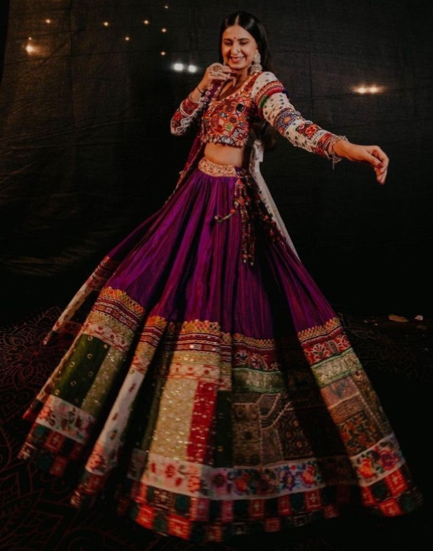 Purple print real mirror work gujarati garba navratri lehenga chaniya choli