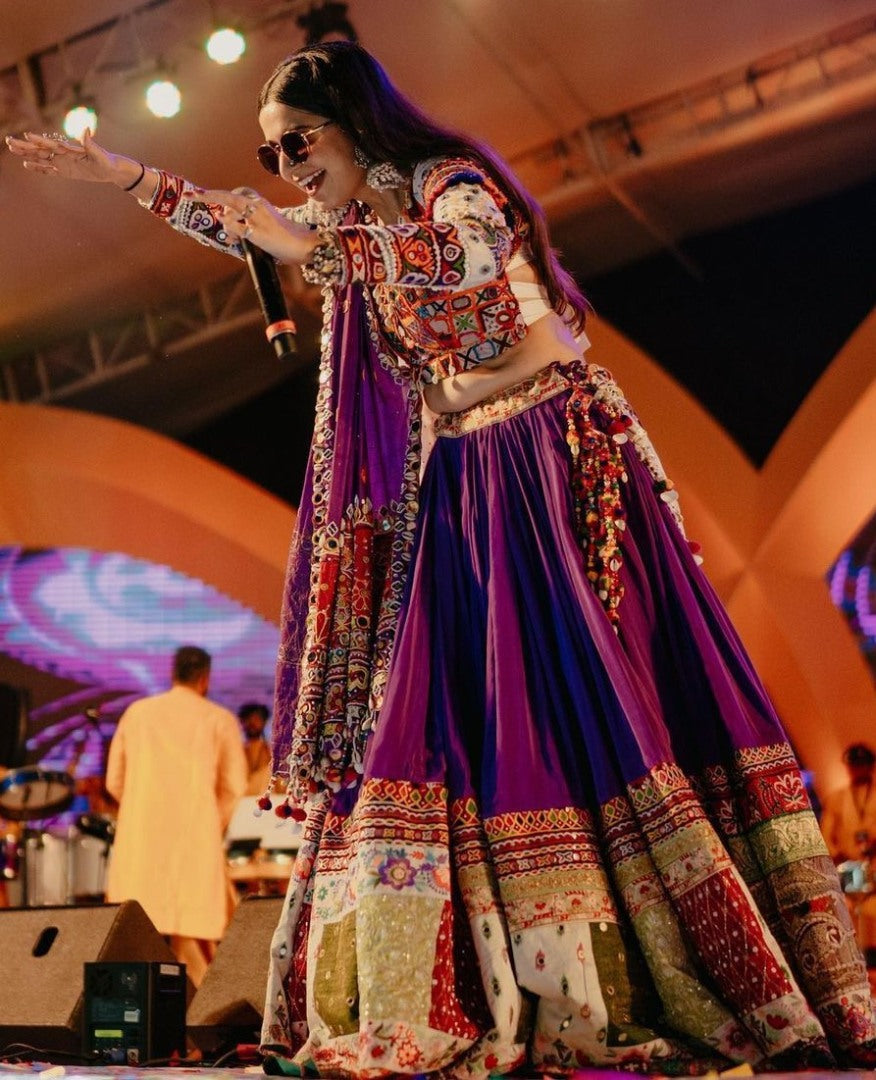 Purple print real mirror work gujarati garba navratri lehenga chaniya choli