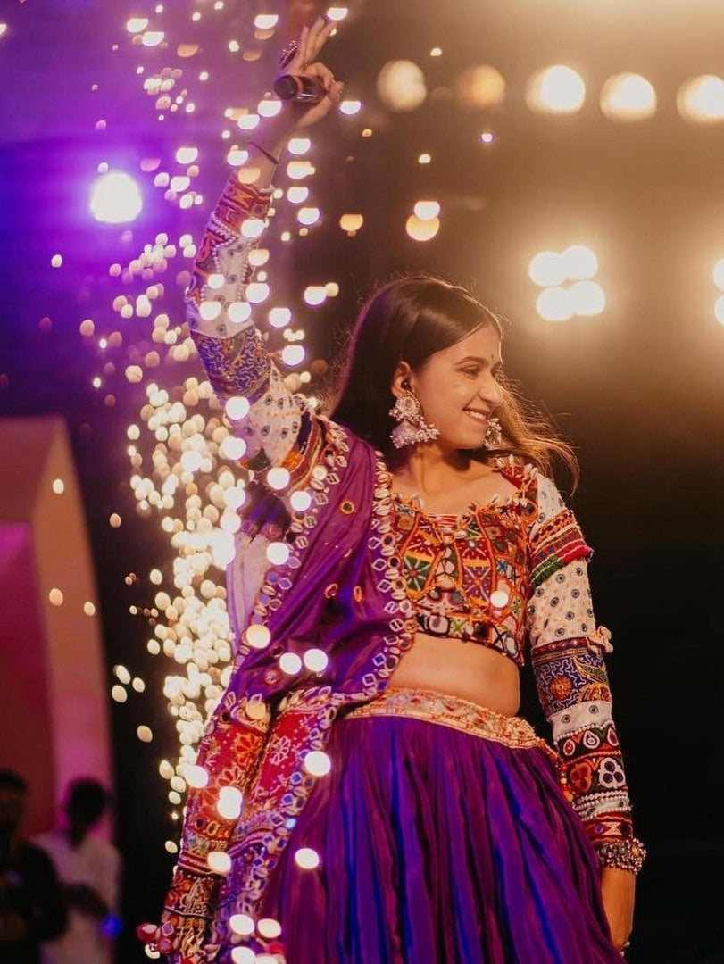 Purple print real mirror work gujarati garba navratri lehenga chaniya choli