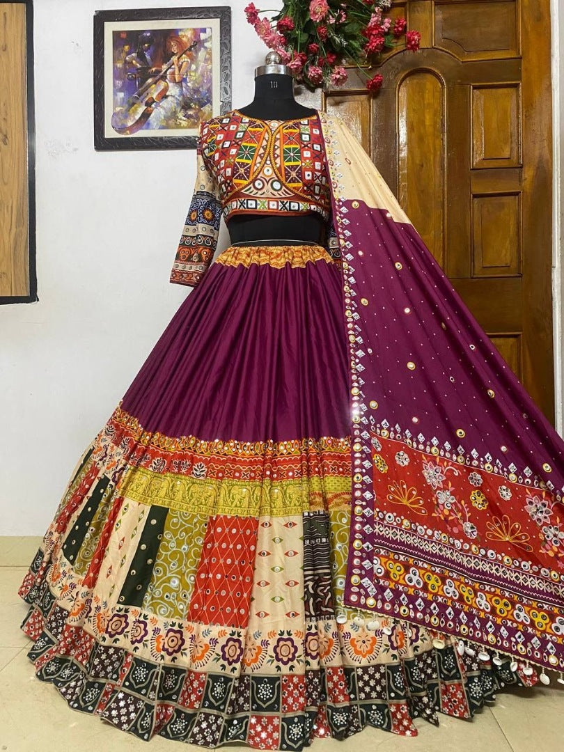 Purple print real mirror work gujarati garba navratri lehenga chaniya choli