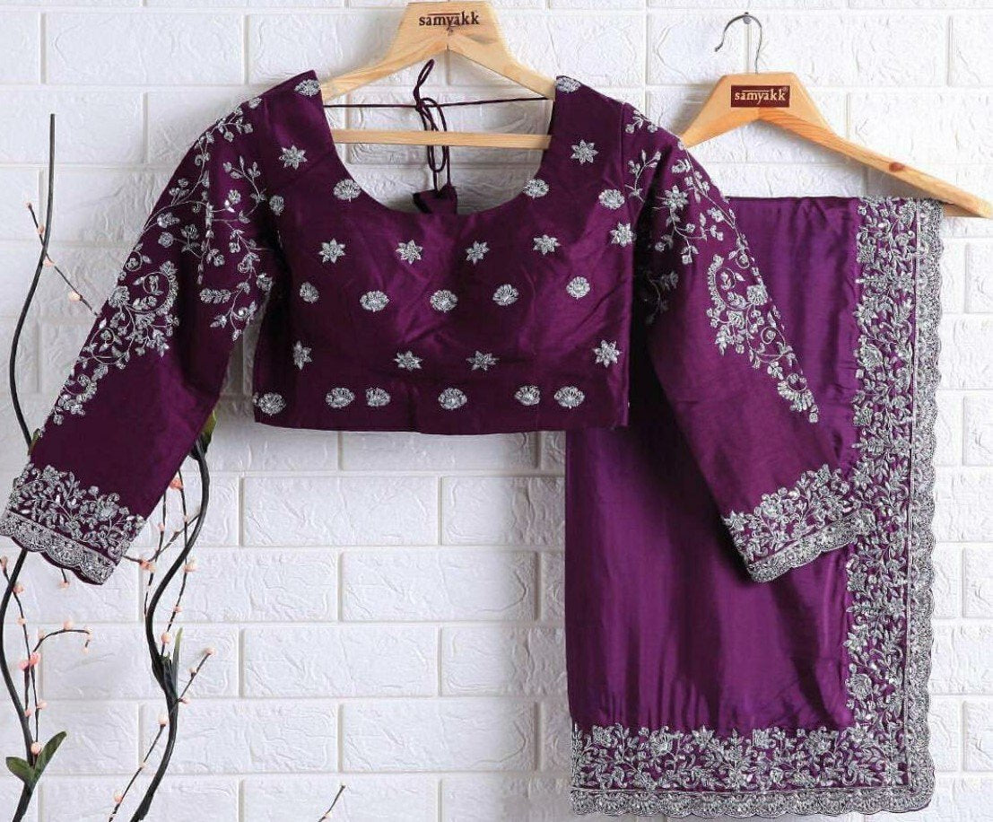 Purple rangoli georgette silk fancy thread work ceremonial saree