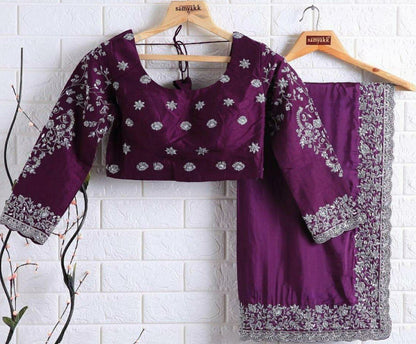 Purple rangoli georgette silk fancy thread work ceremonial saree