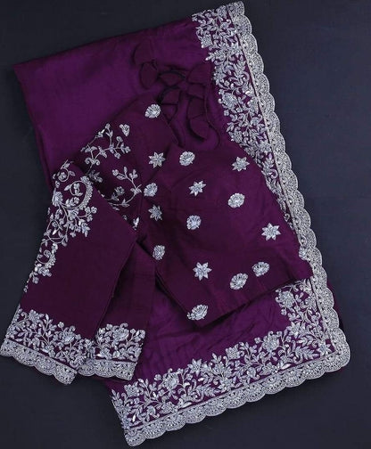 Purple rangoli georgette silk fancy thread work ceremonial saree