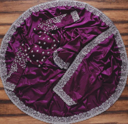 Purple rangoli georgette silk fancy thread work ceremonial saree