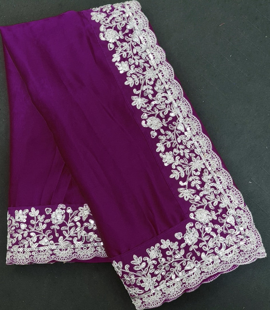 Purple rangoli georgette silk fancy thread work ceremonial saree