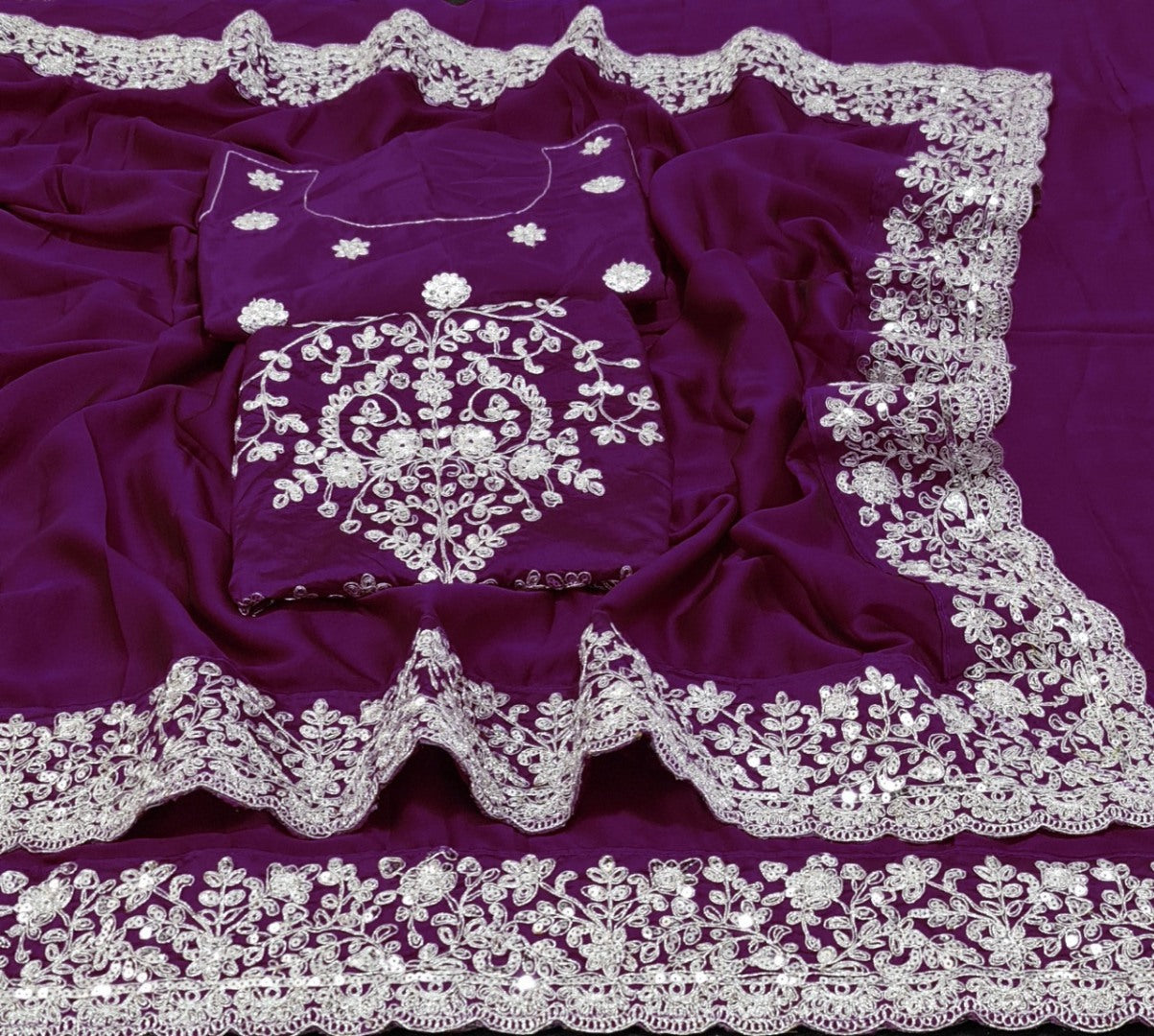 Purple rangoli georgette silk fancy thread work ceremonial saree