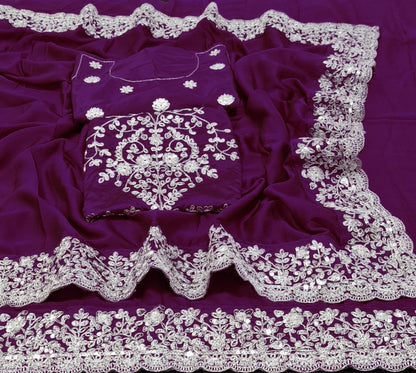 Purple rangoli georgette silk fancy thread work ceremonial saree