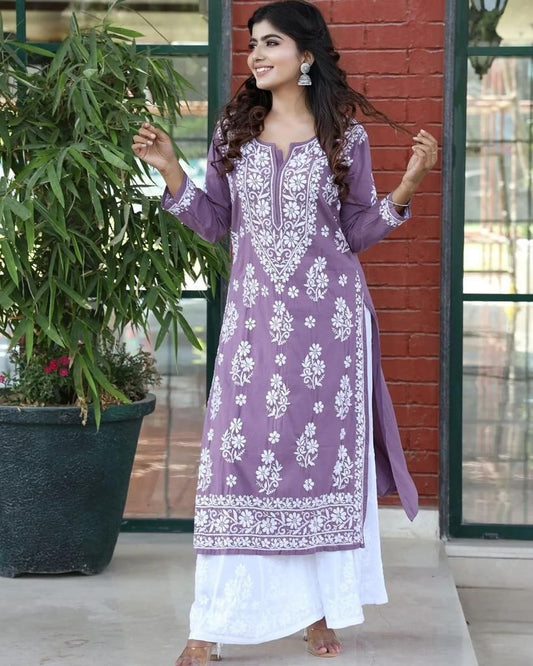 Purple rayon chainstitch work plazzo kurti