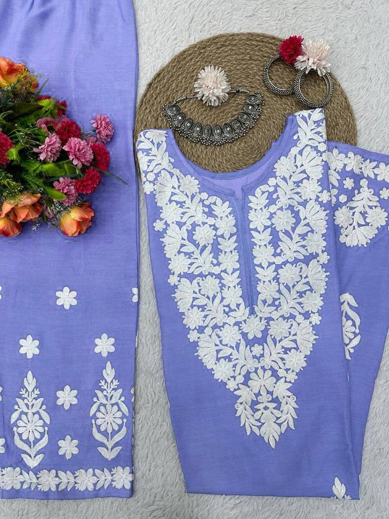 Purple rayon chikankari work summer kurti
