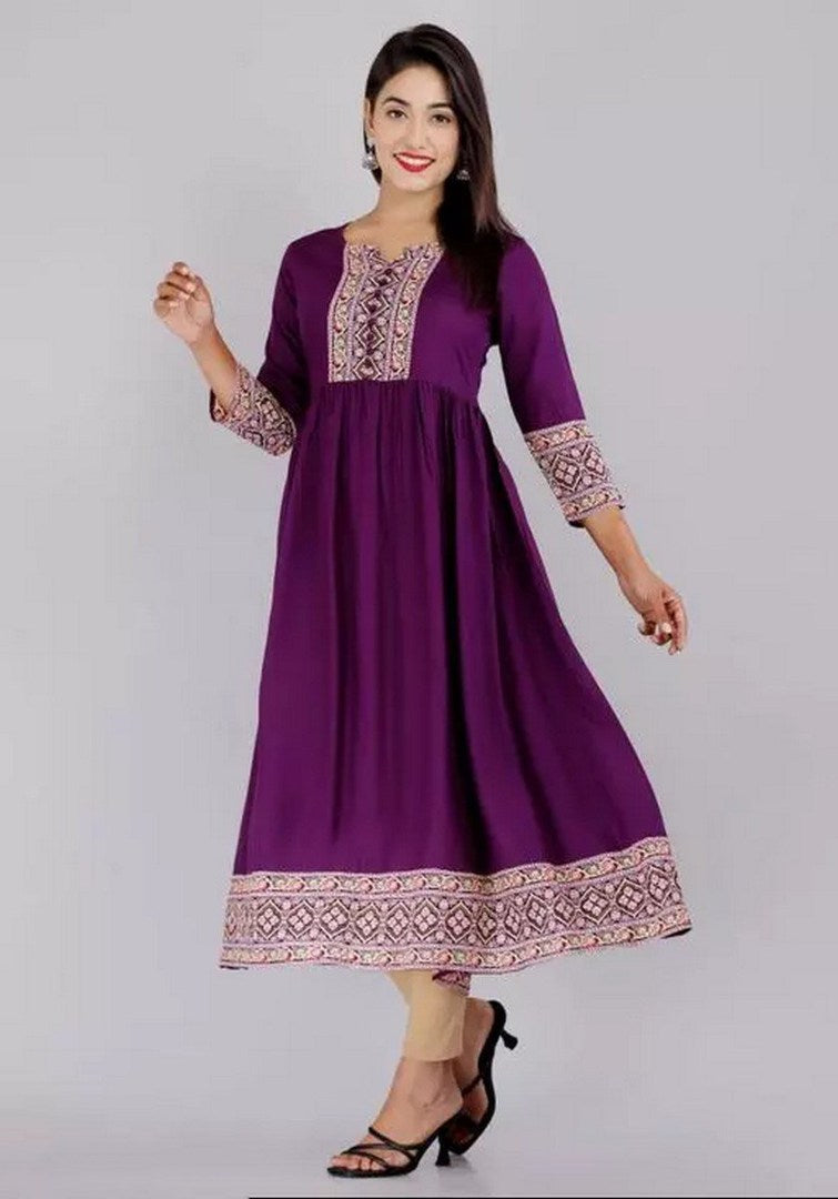 Purple rayon printed anarkali kurti