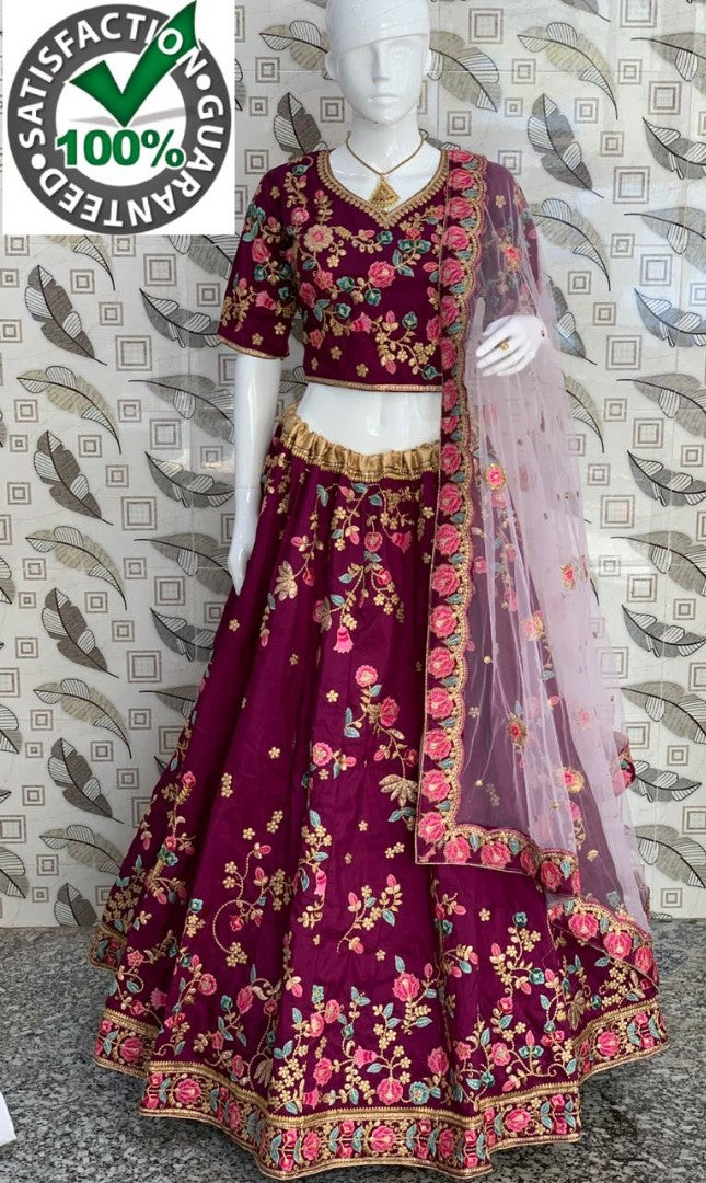Purple ruby silk heavy embroidered designer wedding lehenga