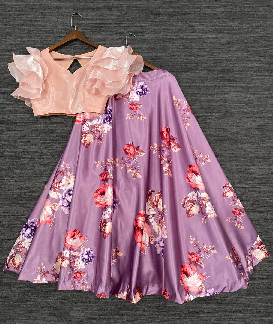 Purple satin flower printed crop top lehenga