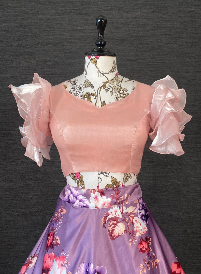 Purple satin flower printed crop top lehenga