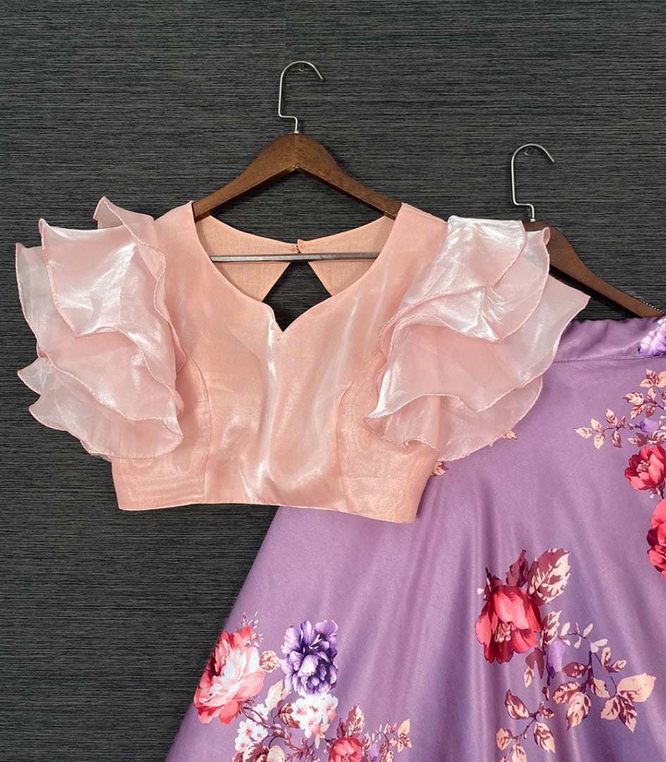 Purple satin flower printed crop top lehenga