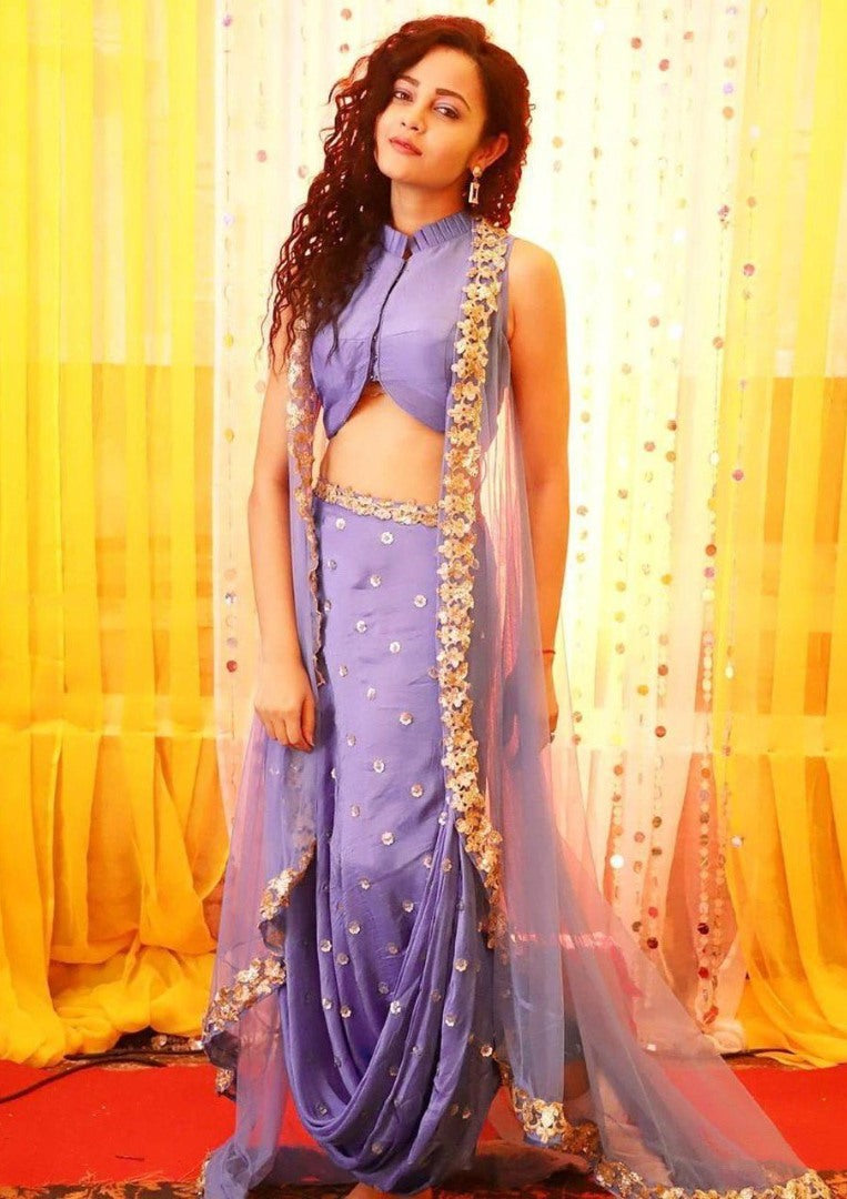 Purple satin georgette indowestern dhoti suit