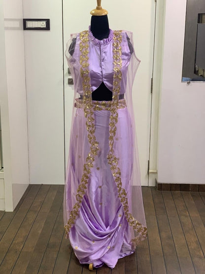 Purple satin georgette indowestern dhoti suit