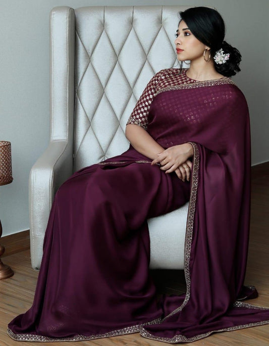 Purple satin georgette sequence work lace border saree