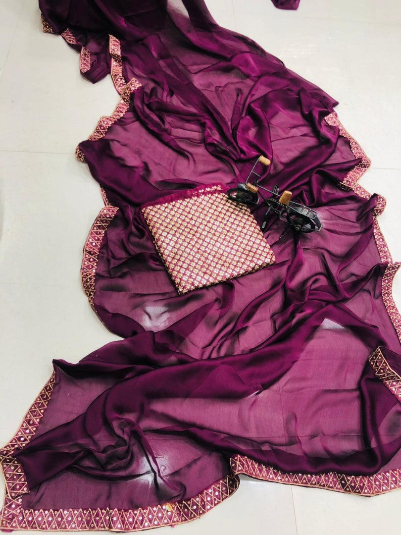 Purple satin georgette sequence work lace border saree