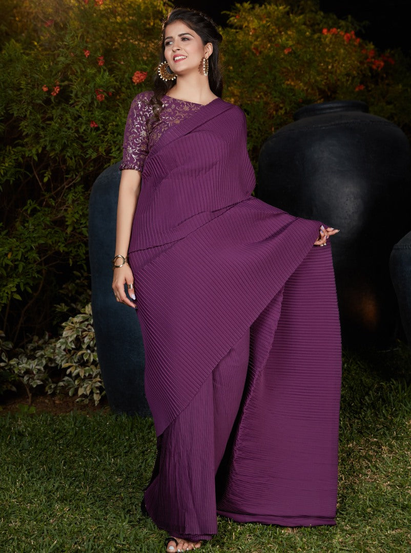 Purple silk platting work party wear designer saree