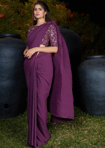 Purple silk platting work party wear designer saree