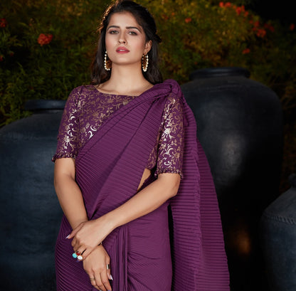 Purple silk platting work party wear designer saree