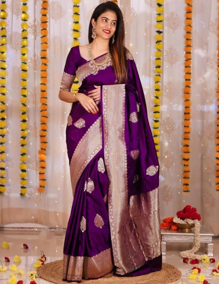 Purple soft lichi silk jacquard weaving work ceremonial saree
