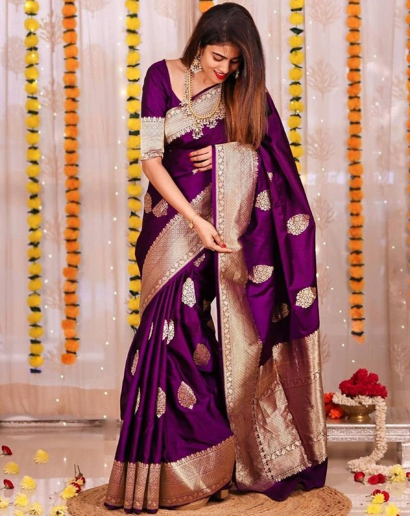 Purple soft lichi silk jacquard weaving work ceremonial saree