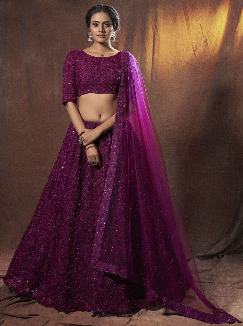 Purple soft net sequence thread work ceremonial lehenga choli