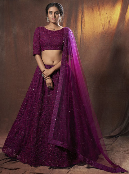 Purple soft net sequence thread work ceremonial lehenga choli