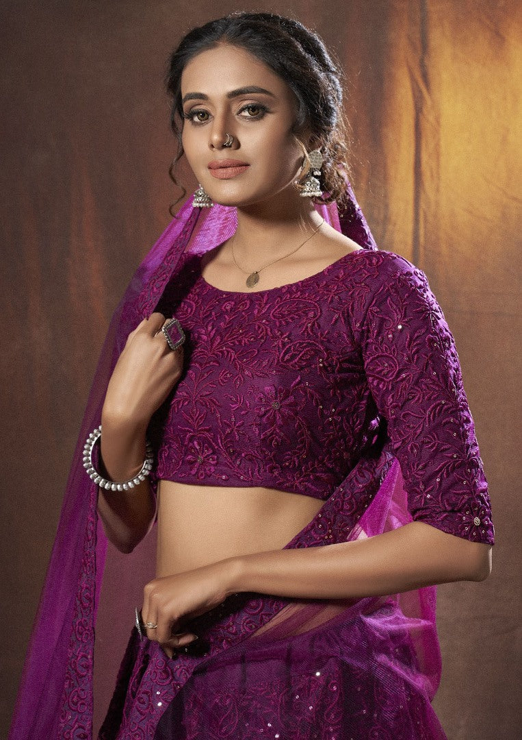 Purple soft net sequence thread work ceremonial lehenga choli